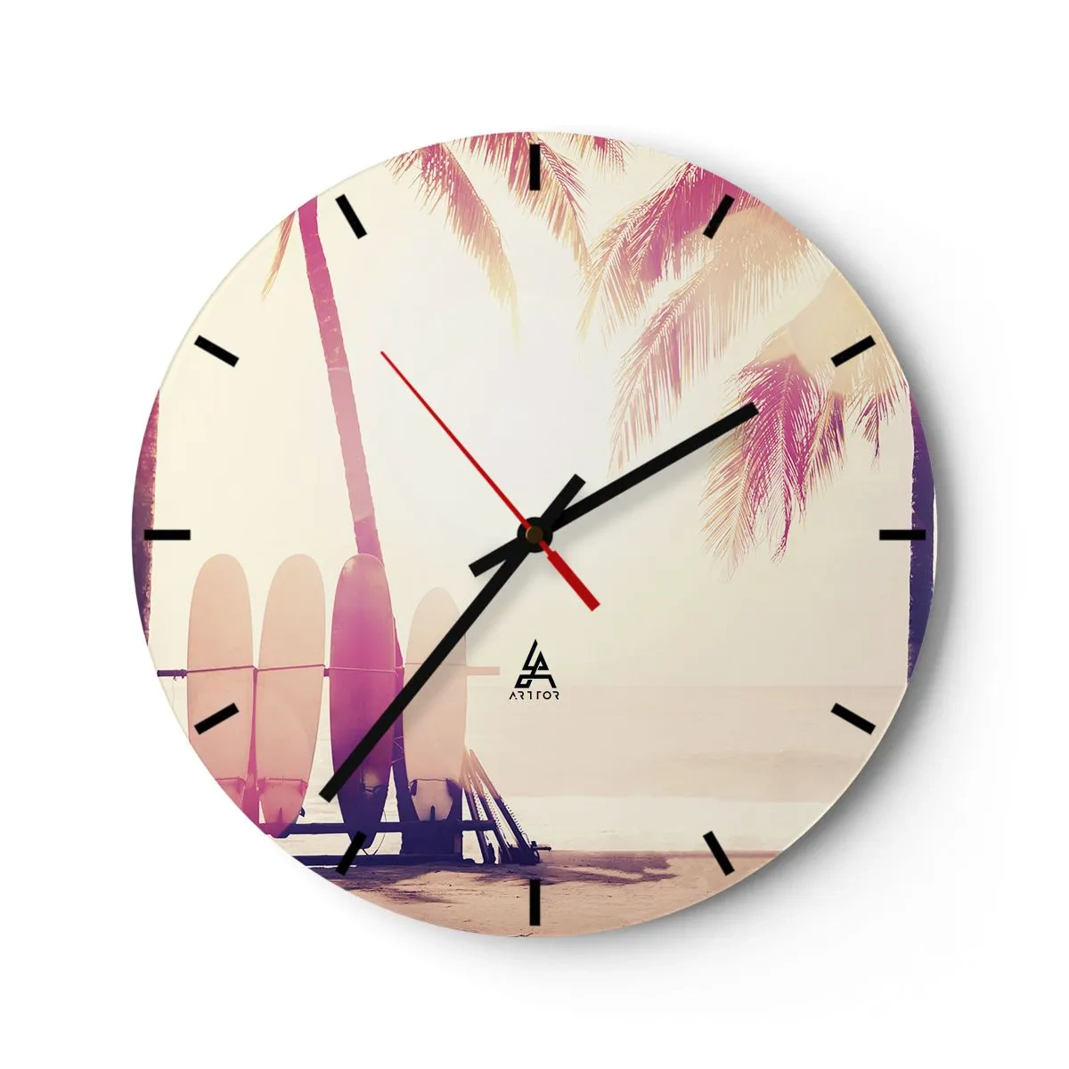Zegar ścienny - Deski surfingowe i palmy na plaży o świcie - 30x30cm - To będzie wspaniały dzień - Nowoczesna dekoracja ścienna do salonu, kuchni i sypialni ARTTOR