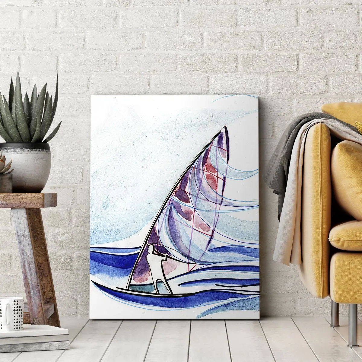 Obraz na płótnie - Surfer na falach w abstrakcyjnej kompozycji akwarelowej - 80x120cm - Z wiatrem w rytmie fal - Nowoczesna dekoracja ścienna do salonu i sypialni ARTTOR