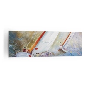 Obraz na płótnie - Żaglówki na wzburzonych falach w dynamicznej kompozycji - 160x50cm - Biegnące po falach - Nowoczesna dekoracja ścienna do salonu i sypialni ARTTOR