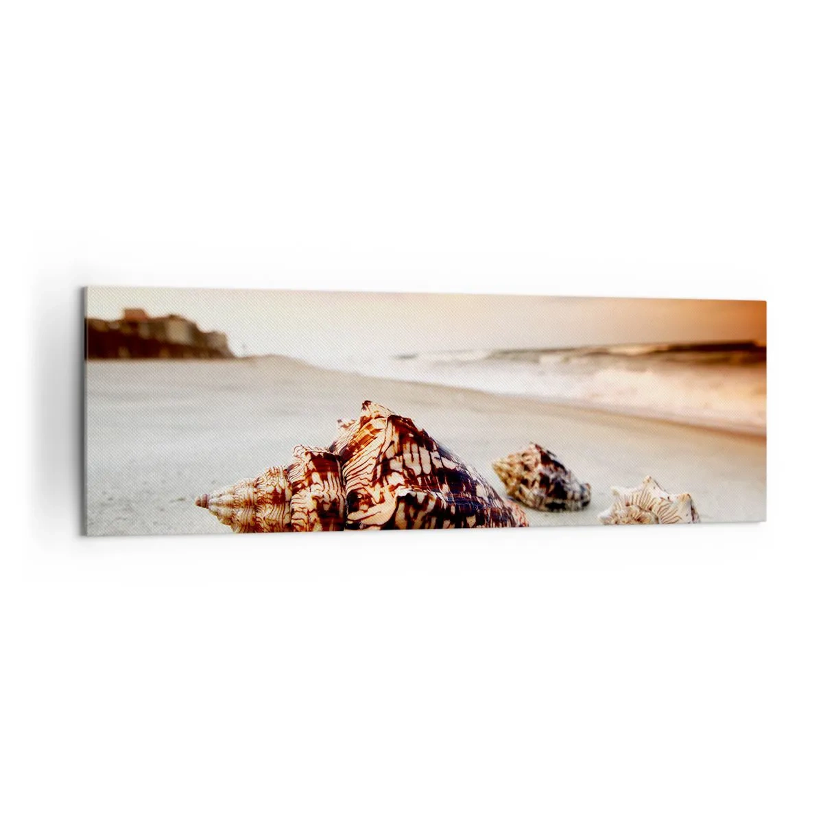 Obraz na płótnie - Muszle na plaży o zachodzie słońca - 160x50cm - Wygnanki fal - Nowoczesna dekoracja ścienna do salonu i sypialni ARTTOR