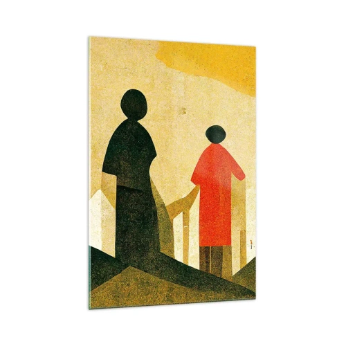 Obraz na szkle - Geometryczne sylwetki w kolorze czerwieni i zieleni na żółtym tle - 70x100cm - Jeszcze daleka droga - Nowoczesna dekoracja ścienna do salonu i sypialni ARTTOR