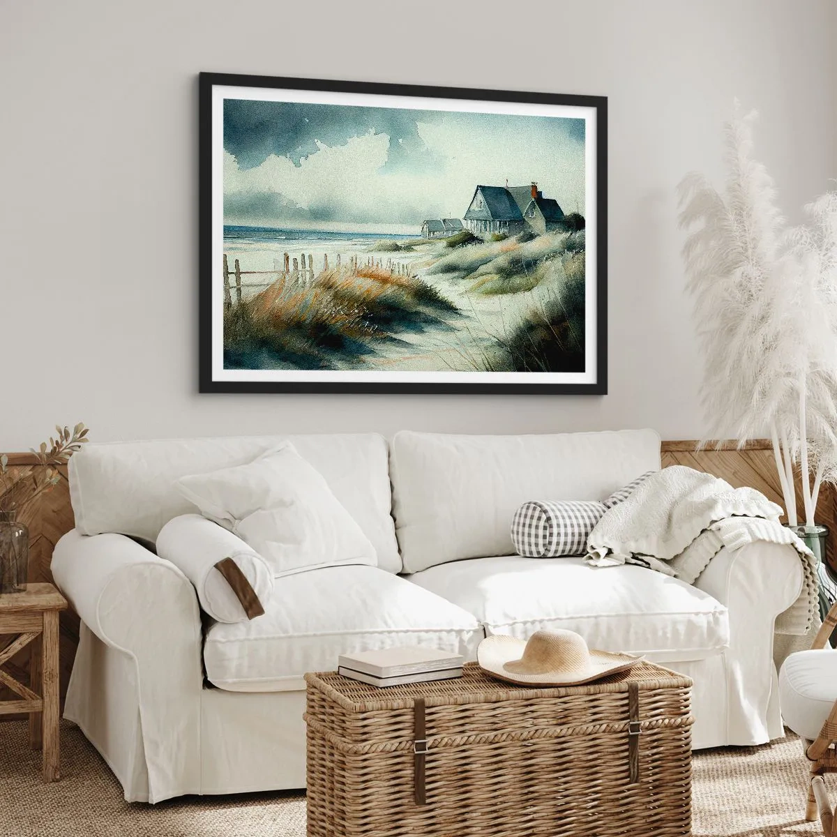 Plakat w czarnej ramie - Dom nadmorski otoczony trawami i widokiem na morze - 100x70cm - Z dala od zgiełku - Nowoczesna dekoracja ścienna do salonu i sypialni ARTTOR