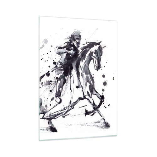 Obraz na szkle - Czarno-biały obraz jeźdźca na koniu w stylu abstrakcyjnym - 50x70cm - Czarny rycerz - Nowoczesna dekoracja ścienna do salonu, kuchni i sypialni ARTTOR
