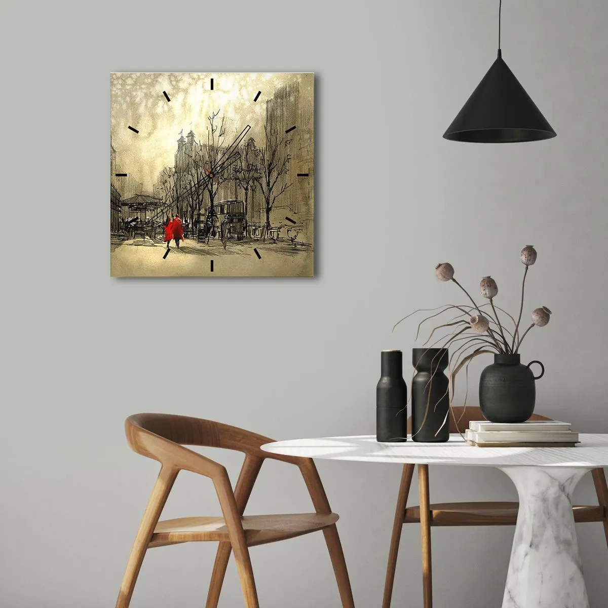 Zegar ścienny - Czerwona postać w nostalgicznej miejskiej scenerii - 30x30cm - Randka w londyńskiej mgle - Nowoczesna dekoracja ścienna do salonu i sypialni ARTTOR
