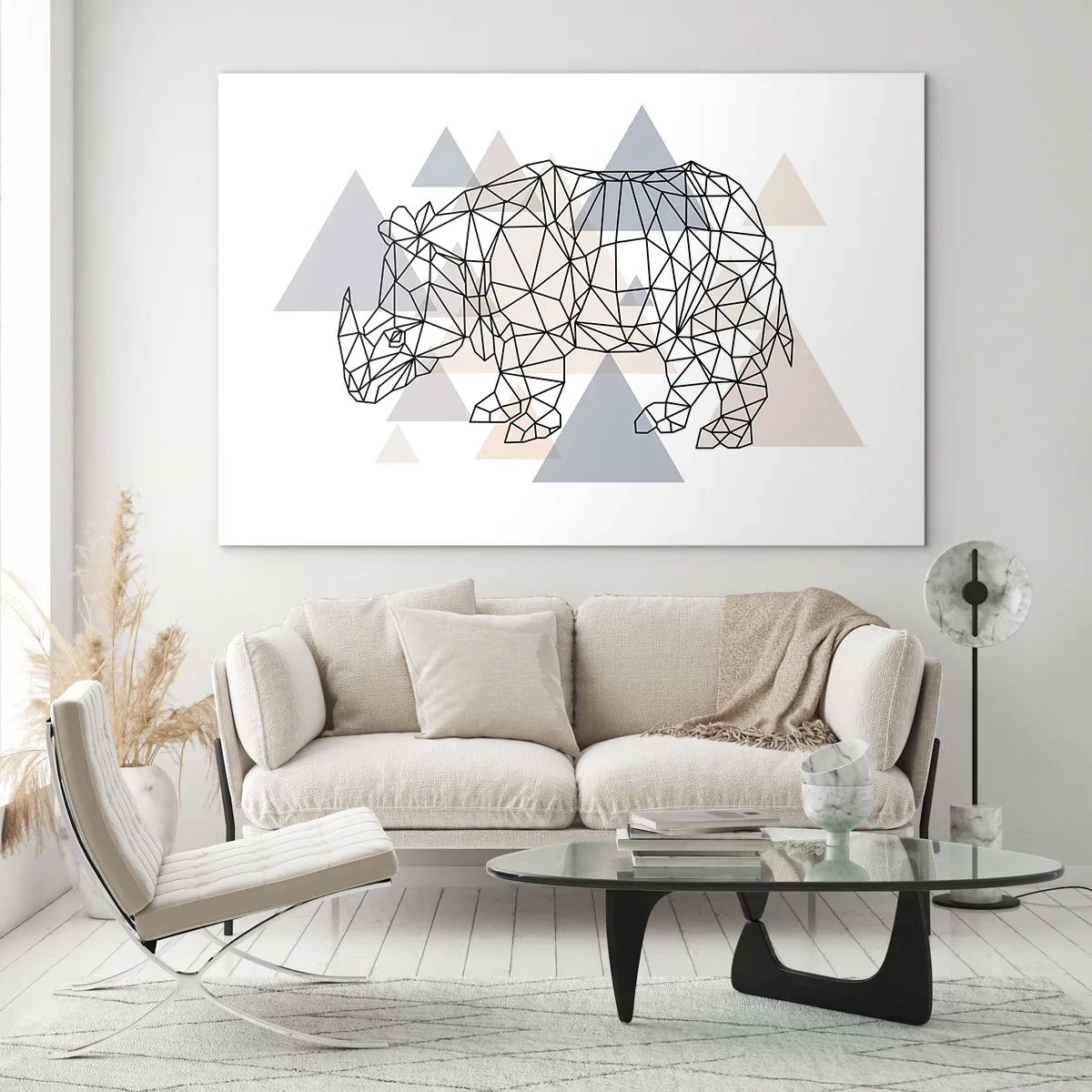 Obraz na szkle - Geometryczny rysunek nosorożca na jasnym tle - 120x80cm - Struktura siły - Nowoczesna dekoracja ścienna do salonu, kuchni i sypialni ARTTOR