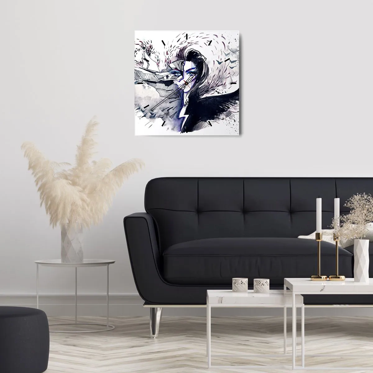 Zegar ścienny - Abstrakcyjna twarz z kontrastowymi elementami i motywem skrzydeł - 30x30cm - Demoniczna i piękna - Nowoczesna dekoracja ścienna do salonu i sypialni ARTTOR