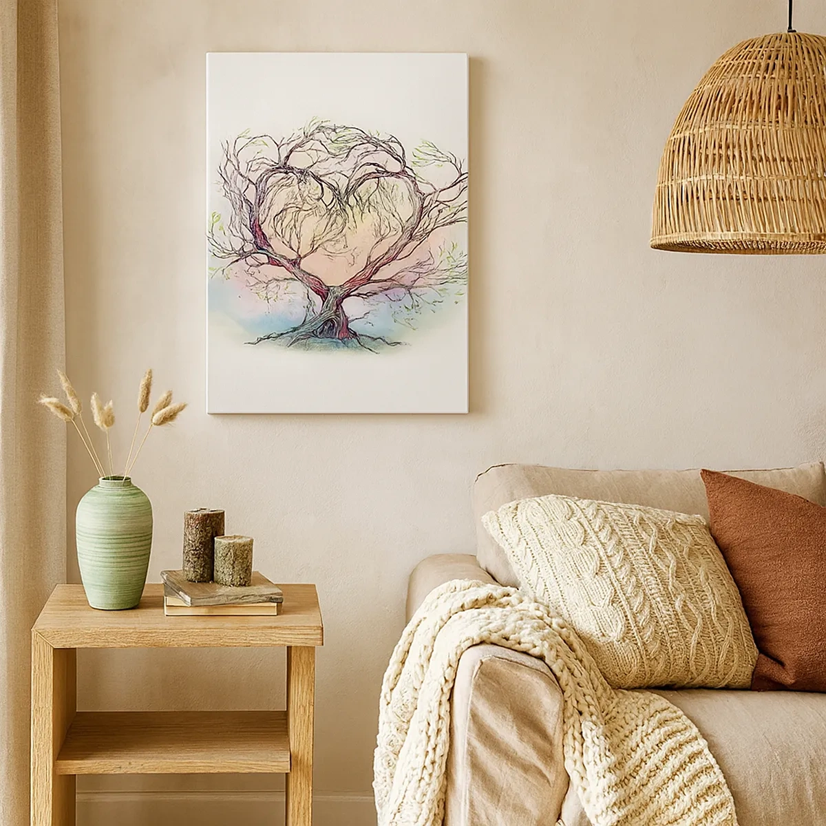 Obraz na płótnie - Drzewo w kształcie serca z delikatnym, artystycznym tłem - 50x70cm - Razem przeciwko wichurom - Nowoczesna dekoracja ścienna do salonu, kuchni i sypialni ARTTOR