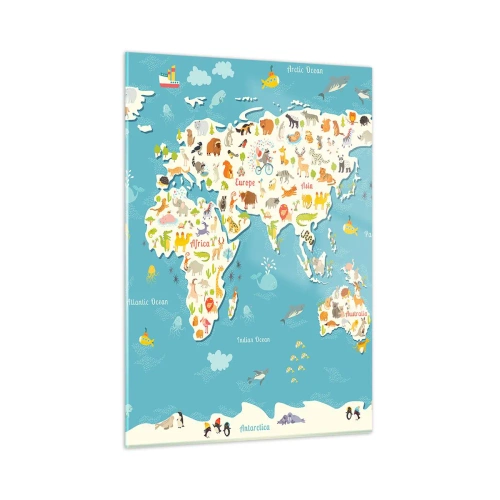 Obraz na szkle - Kolorowa mapa świata z motywami zwierząt i oceanu - 50x70cm - Kochamy cały świat - Nowoczesna dekoracja ścienna do salonu, kuchni i sypialni ARTTOR