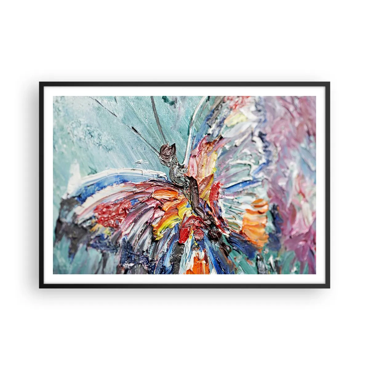 Plakat w czarnej ramie - Kolorowy motyl w stylu impasto na pastelowym tle - 100x70cm - Pomalowany przez naturę - Nowoczesna dekoracja ścienna do salonu i sypialni ARTTOR