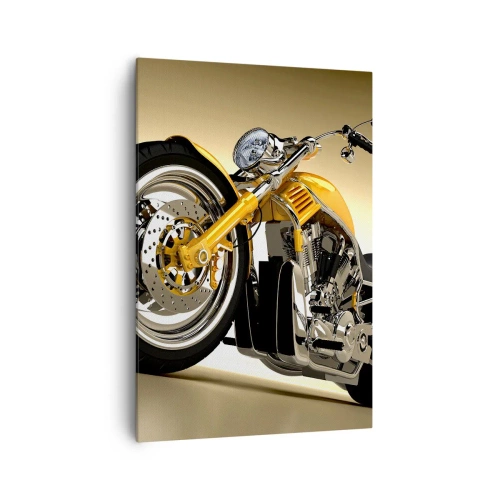 Obraz na płótnie - Żółty motocykl w stylu chopper na tle beżowej ściany - 70x100cm - Marzenie o sile i prędkości - Nowoczesna dekoracja ścienna do salonu i sypialni ARTTOR
