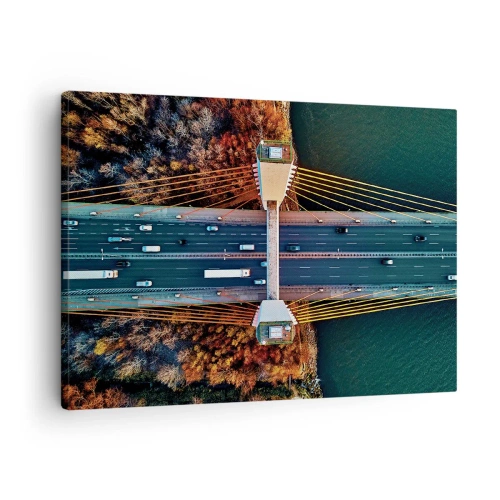 Obraz na płótnie - Most widziany z lotu ptaka nad rzeką i jesiennym krajobrazem - 70x50cm - ZA wodami, za lasami - Nowoczesna dekoracja ścienna do salonu i sypialni ARTTOR
