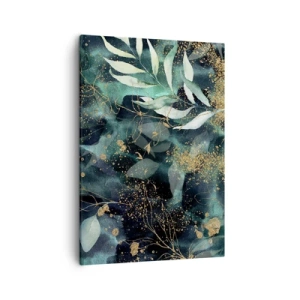 Obraz na płótnie - Elegancka kompozycja liści w odcieniach zieleni z złotymi detalami - 50x70cm - Zaczarowany ogród - Nowoczesna dekoracja ścienna do salonu, kuchni i sypialni ARTTOR