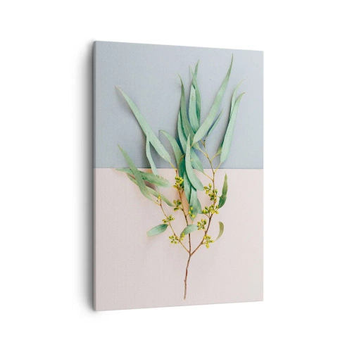 Obraz na płótnie - Minimalistyczna kompozycja z gałązką eukaliptusa na dwukolorowym tle - 50x70cm - Pastelowa subtelność - Nowoczesna dekoracja ścienna do salonu, kuchni i sypialni ARTTOR