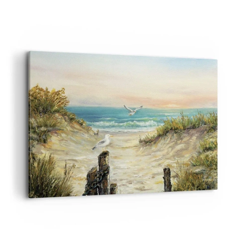 Obraz na płótnie - Wybrzeże z mewami i wydmami o zachodzie słońca - 100x70cm - Bezwietrzne zacisze - Nowoczesna dekoracja ścienna do salonu, kuchni i sypialni ARTTOR