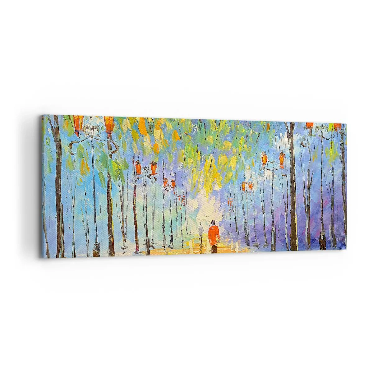 Obraz na płótnie - Malowniczy spacer wśród latarni w deszczową noc - 120x50cm - Nocna piosenka deszczu - Nowoczesna dekoracja ścienna do salonu i sypialni ARTTOR