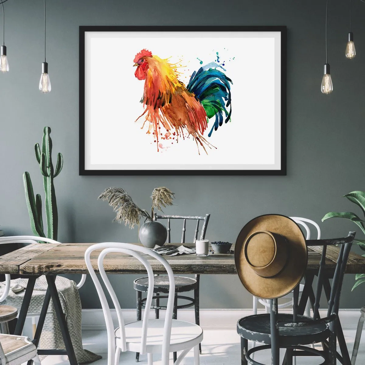 Plakat w czarnej ramie - Kolorowy kogut w akwarelowym stylu - 70x50cm - Królewska szata, królewska duma - Nowoczesna dekoracja ścienna do salonu i sypialni ARTTOR