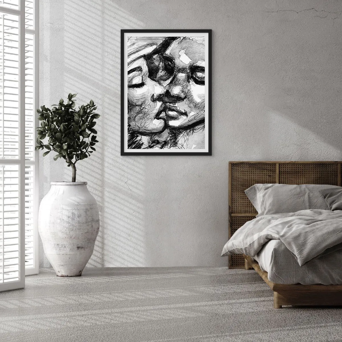 Plakat w czarnej ramie - Abstrakcyjny czarno-biały portret pocałunku - 50x70cm - Czuła chwila - Nowoczesna dekoracja ścienna do salonu i sypialni ARTTOR