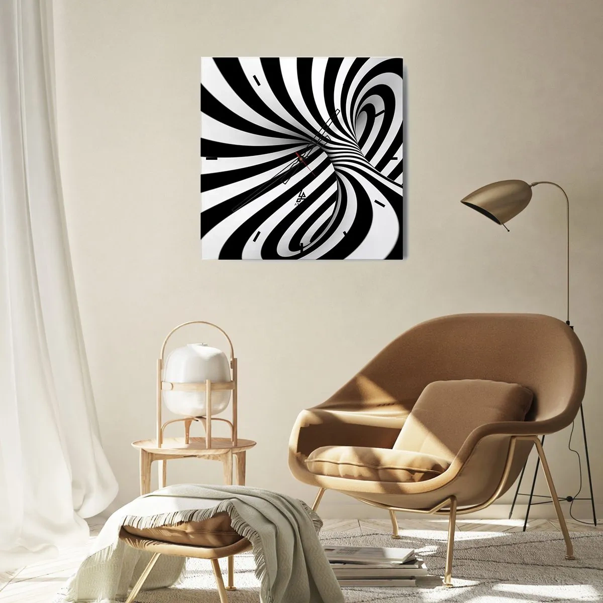 Zegar ścienny - Abstrakcyjny tunel z czarno-białymi pasami w spirali - 30x30cm - Kompozycja: tańcząca przestrzeń - Nowoczesna dekoracja ścienna do salonu i sypialni ARTTOR
