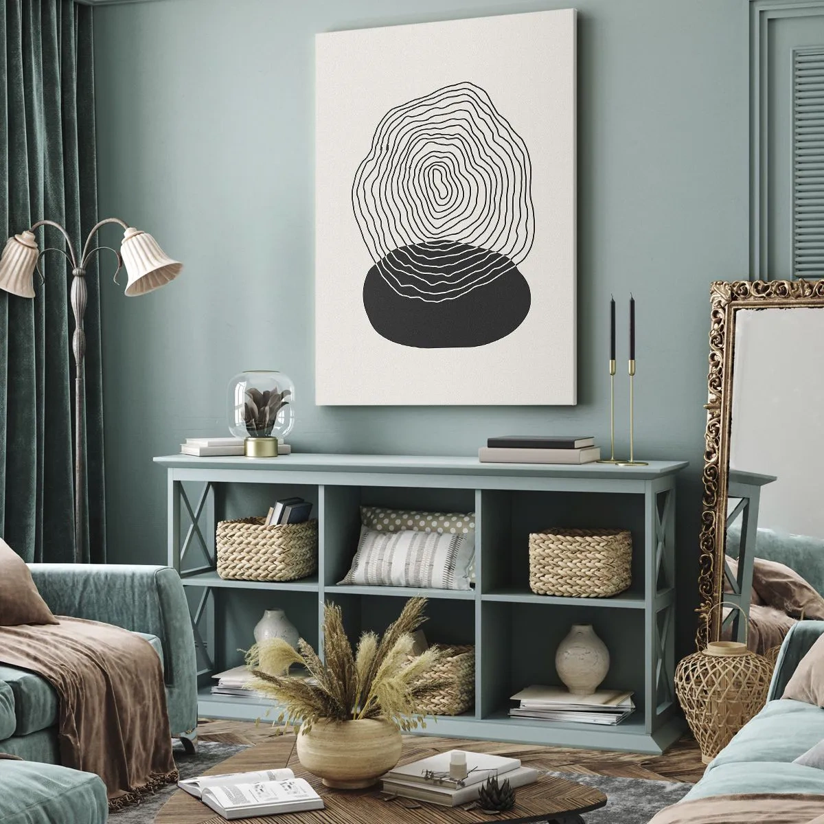 Obraz na płótnie - Abstrakcyjna grafika z falistymi liniami i ciemnym kształtem - 50x70cm - Trwanie i drganie - Nowoczesna dekoracja ścienna do salonu, kuchni i sypialni ARTTOR