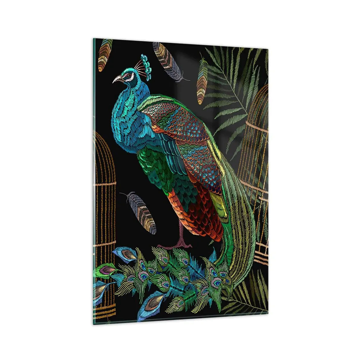 Obraz na szkle - Pawie przy złotej klatce na czarnym tle - 80x120cm - W królewskich szatach - Nowoczesna dekoracja ścienna do salonu i sypialni ARTTOR