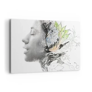 Obraz na płótnie - Profil kobiety w artystycznym kolażu natury i czerni - 100x70cm - Zanurzona w naturze - Nowoczesna dekoracja ścienna do salonu, kuchni i sypialni ARTTOR