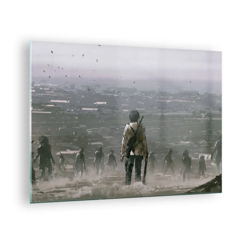 Obraz na szkle - Postać z karabinem w mrocznej scenerii zbliżającej się grupy - 70x50cm - Ostatni sprawiedliwy? - Nowoczesna dekoracja ścienna do salonu i sypialni ARTTOR