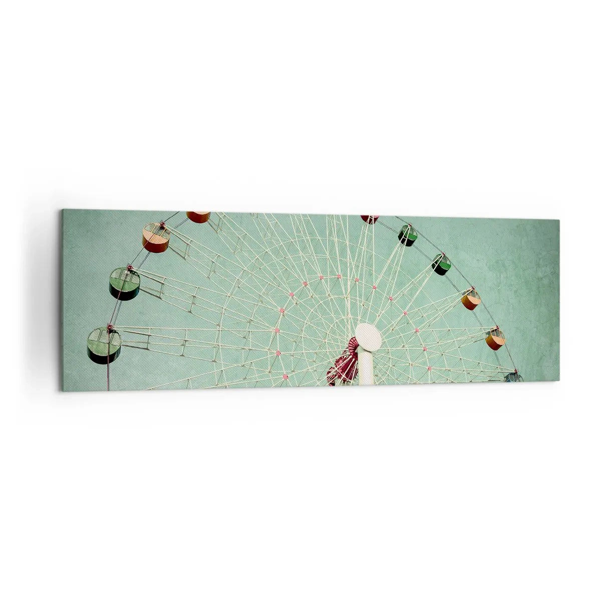 Obraz na płótnie - Kolorowy diabelski młyn na tle błękitnego nieba w stylu retro - 160x50cm - Zapraszamy do zabawy - Nowoczesna dekoracja ścienna do salonu i sypialni ARTTOR