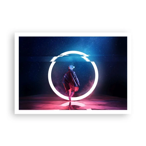 Plakat - Postać w futurystycznym otoczeniu z neonowym okręgiem - 100x70cm - Między światami - Nowoczesna dekoracja ścienna do salonu i sypialni ARTTOR
