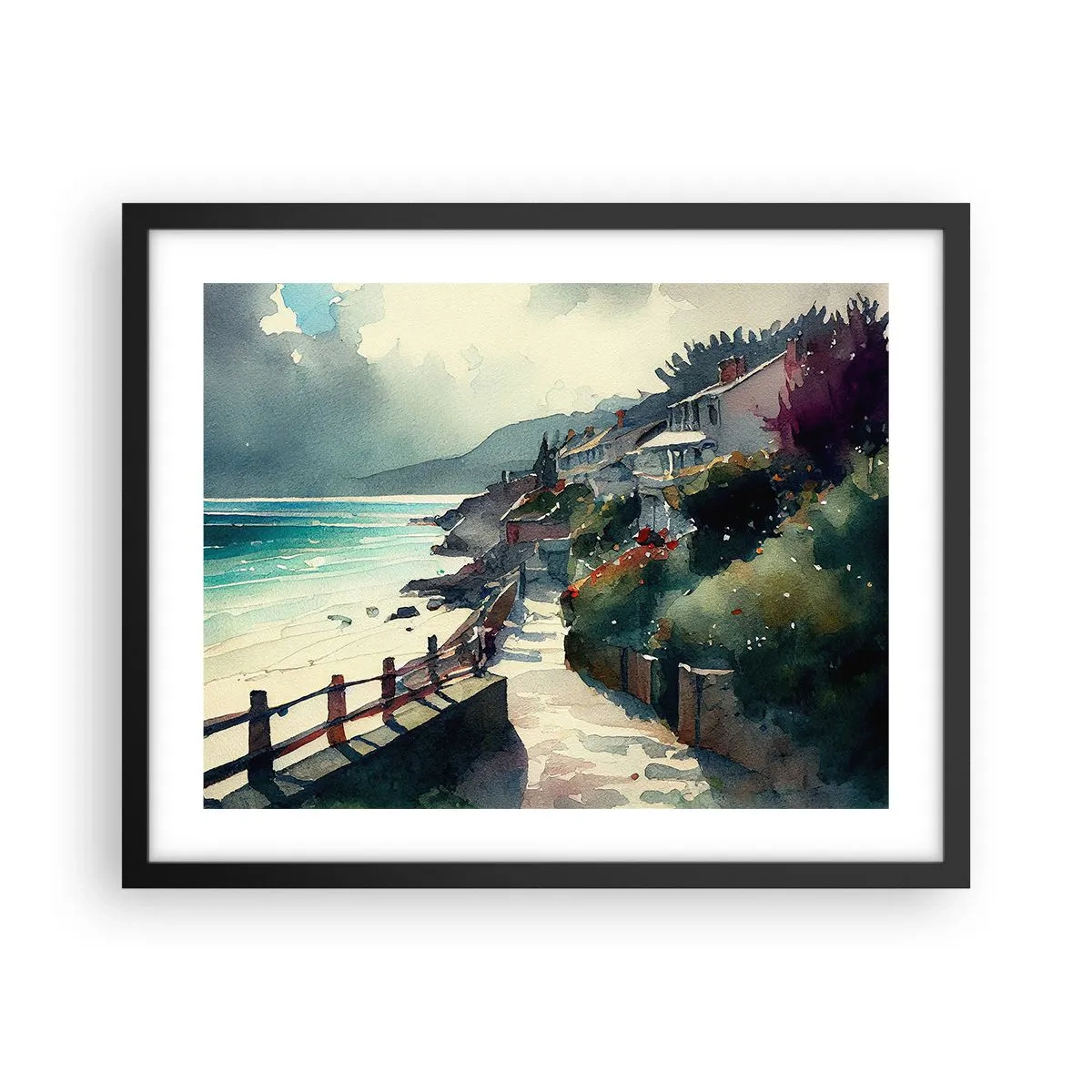 Plakat w czarnej ramie - Śródziemnomorskie miasteczko - 50x40 cm