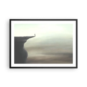 Plakat w czarnej ramie - Sylwetka postaci na krawędzi urwiska w mglistym krajobrazie - 70x50cm - Do góry, oczywiście! - Nowoczesna dekoracja ścienna do salonu i sypialni ARTTOR