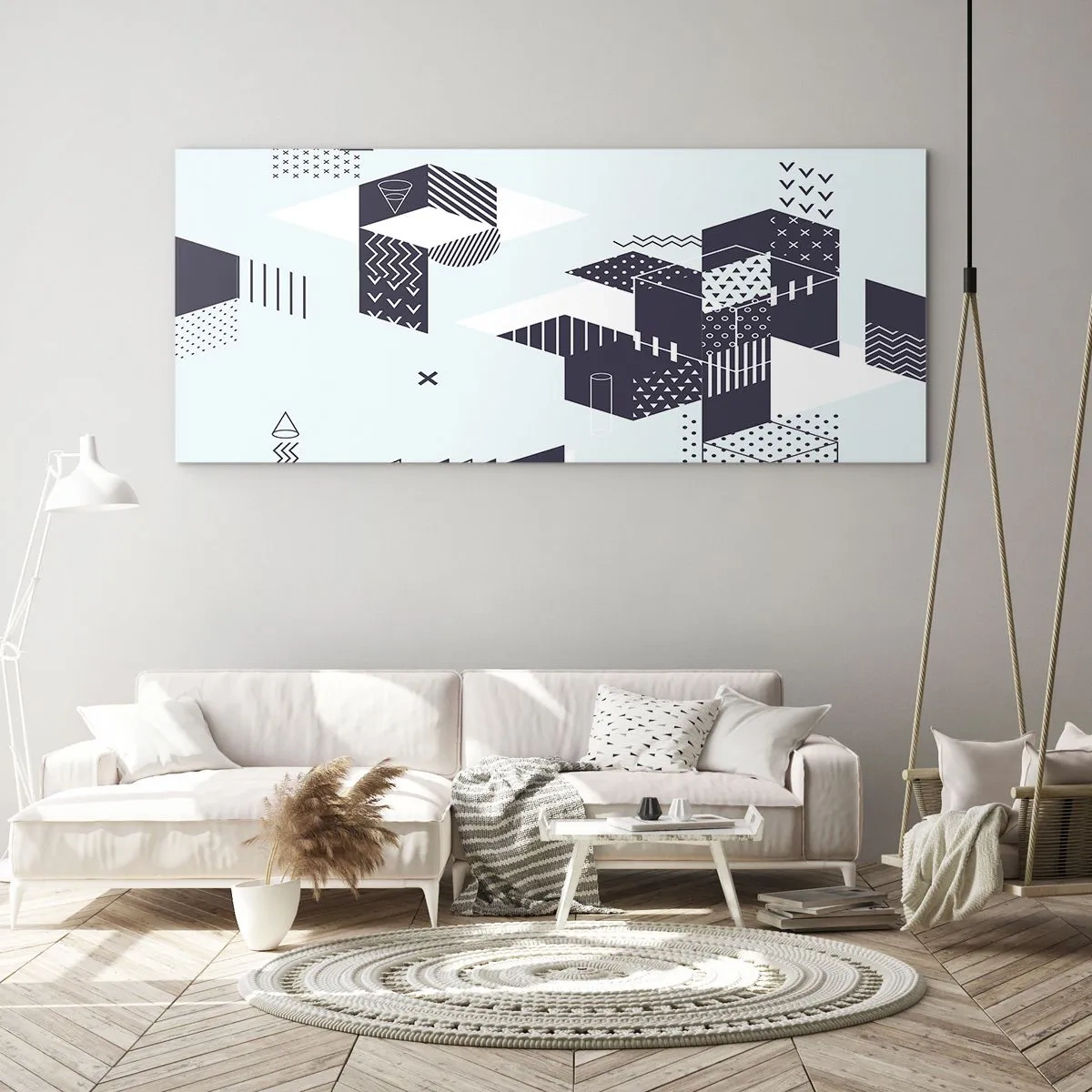 Obraz na szkle - Nowoczesna grafika geometryczna w odcieniach bieli i granatu - 160x50cm - W duszy matematyka - Nowoczesna dekoracja ścienna do salonu i sypialni ARTTOR