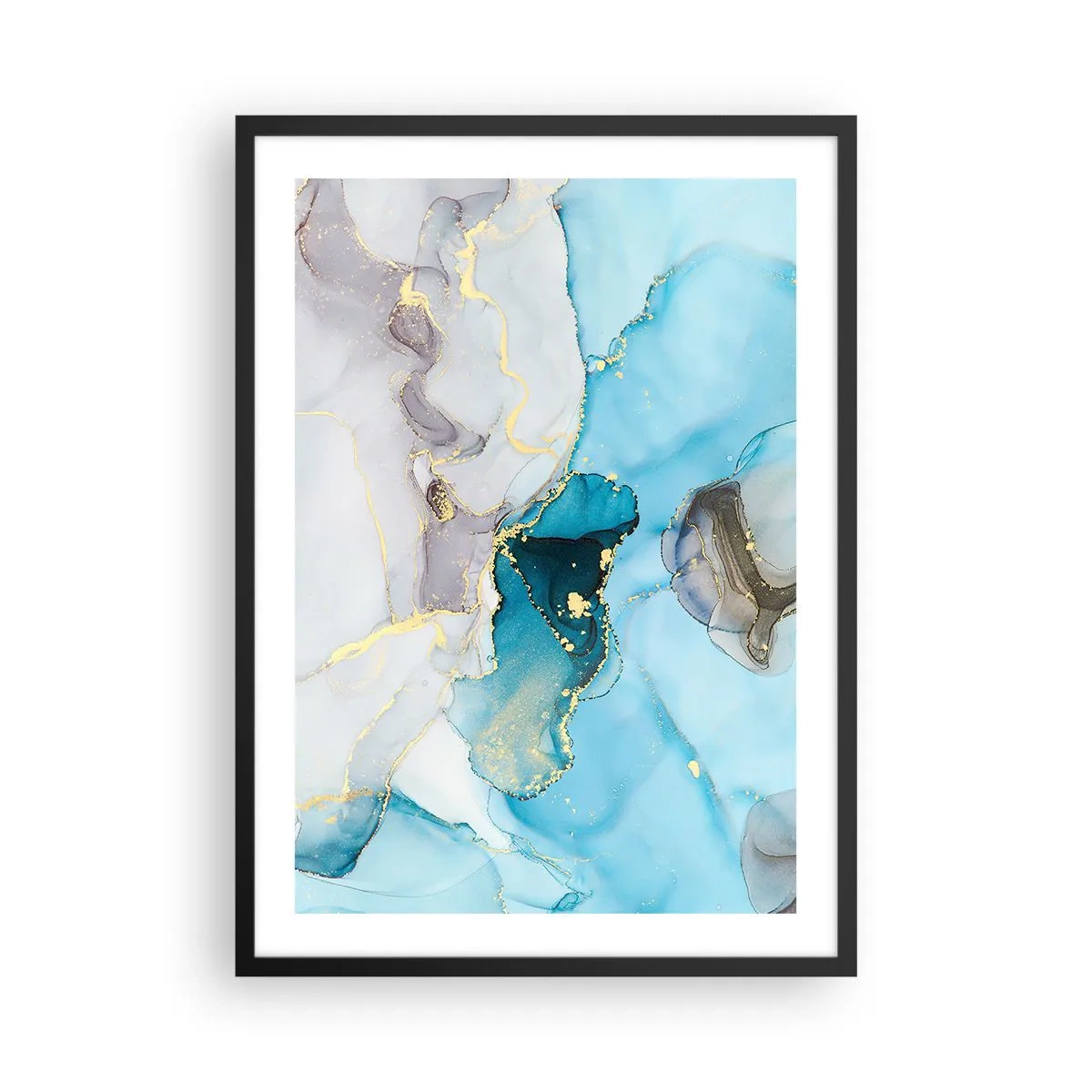 Plakat w czarnej ramie - Abstrakcyjna kompozycja w błękitach z delikatnymi złotymi akcentami - 50x70cm - Studium spotkania szarości z turkusem - Nowoczesna dekoracja ścienna do salonu i sypialni ARTTOR