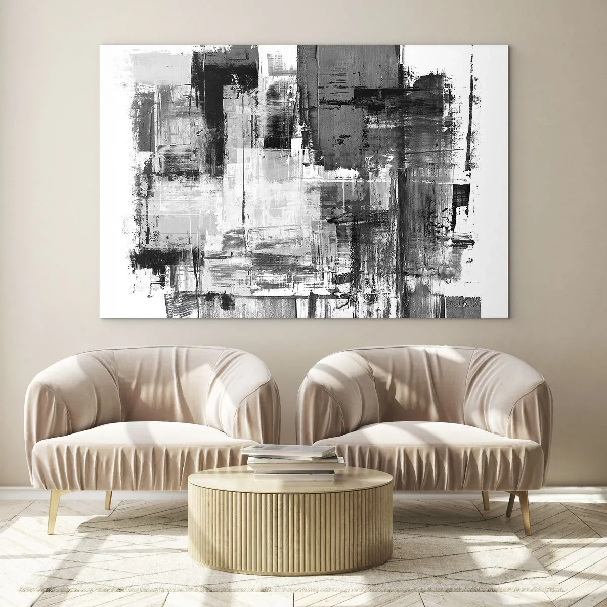 Obraz na szkle - Czarno-biała abstrakcja z geometryczną strukturą - 70x50cm - Szare jest piękne - Nowoczesna dekoracja ścienna do salonu i sypialni ARTTOR