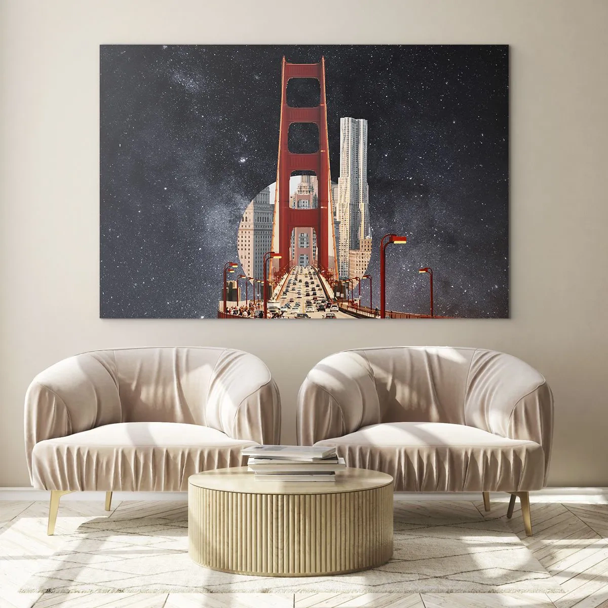 Obraz na szkle - Most i wieżowce w surrealistycznym tle z galaktyką - 70x50cm - Zawsze w centrum - Nowoczesna dekoracja ścienna do salonu i sypialni ARTTOR