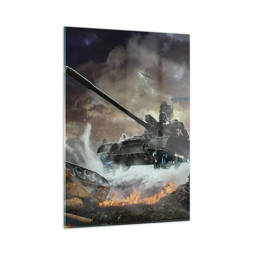 Obraz na szkle - Czołg w akcji na tle dramatycznego pola bitwy - 50x70cm - Bitwa jest straszna i piękna - Nowoczesna dekoracja ścienna do salonu, kuchni i sypialni ARTTOR