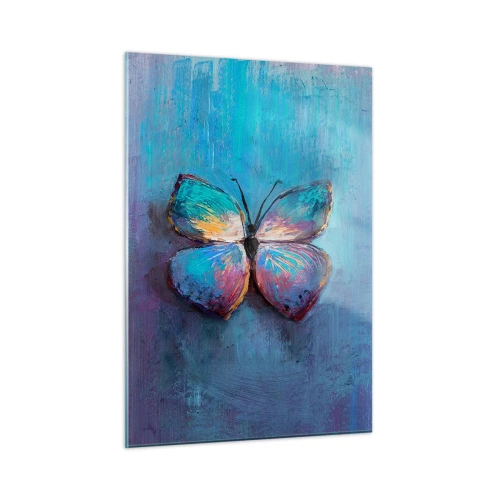 Obraz na szkle - Kolorowy motyl na tle abstrakcyjnych barw w odcieniach niebieskiego i fioletu - 50x70cm - W pełnej krasie - Nowoczesna dekoracja ścienna do salonu, kuchni i sypialni ARTTOR