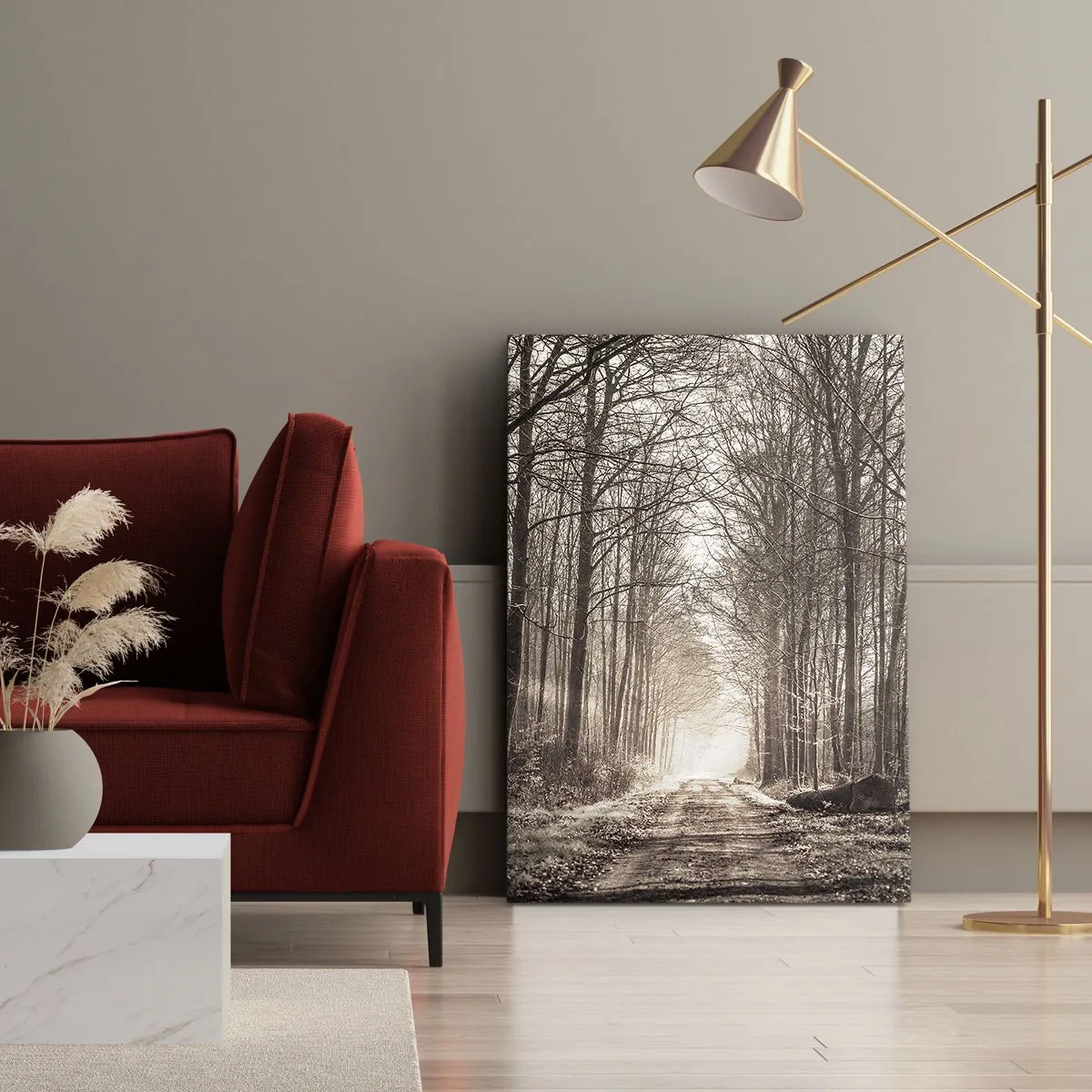 Obraz na płótnie - Aleja drzew w mglistym lesie - 50x70cm - Leśna katedra - Nowoczesna dekoracja ścienna do salonu, kuchni i sypialni ARTTOR