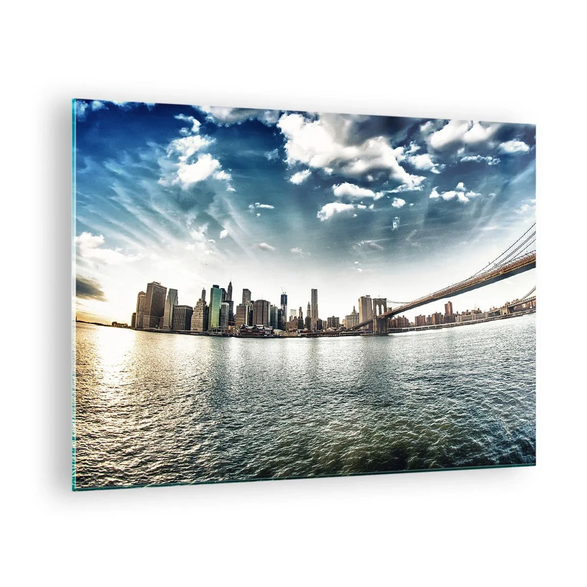Obraz na szkle - Panorama Nowego Jorku z mostem Brooklyn - 70x50cm - Szklana wyspa - Nowoczesna dekoracja ścienna do salonu i sypialni ARTTOR