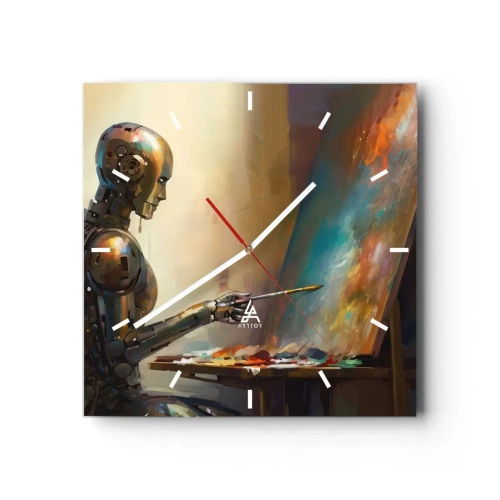 Zegar ścienny - Robot malujący na płótnie w artystycznym stylu - 30x30cm - Sztuka przyszłości - Nowoczesna dekoracja ścienna do salonu i sypialni ARTTOR