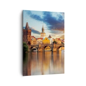 Obraz na płótnie - Zabytkowy most na tle historycznej architektury o zachodzie słońca - 50x70cm - Piękna od wieków - Nowoczesna dekoracja ścienna do salonu, kuchni i sypialni ARTTOR