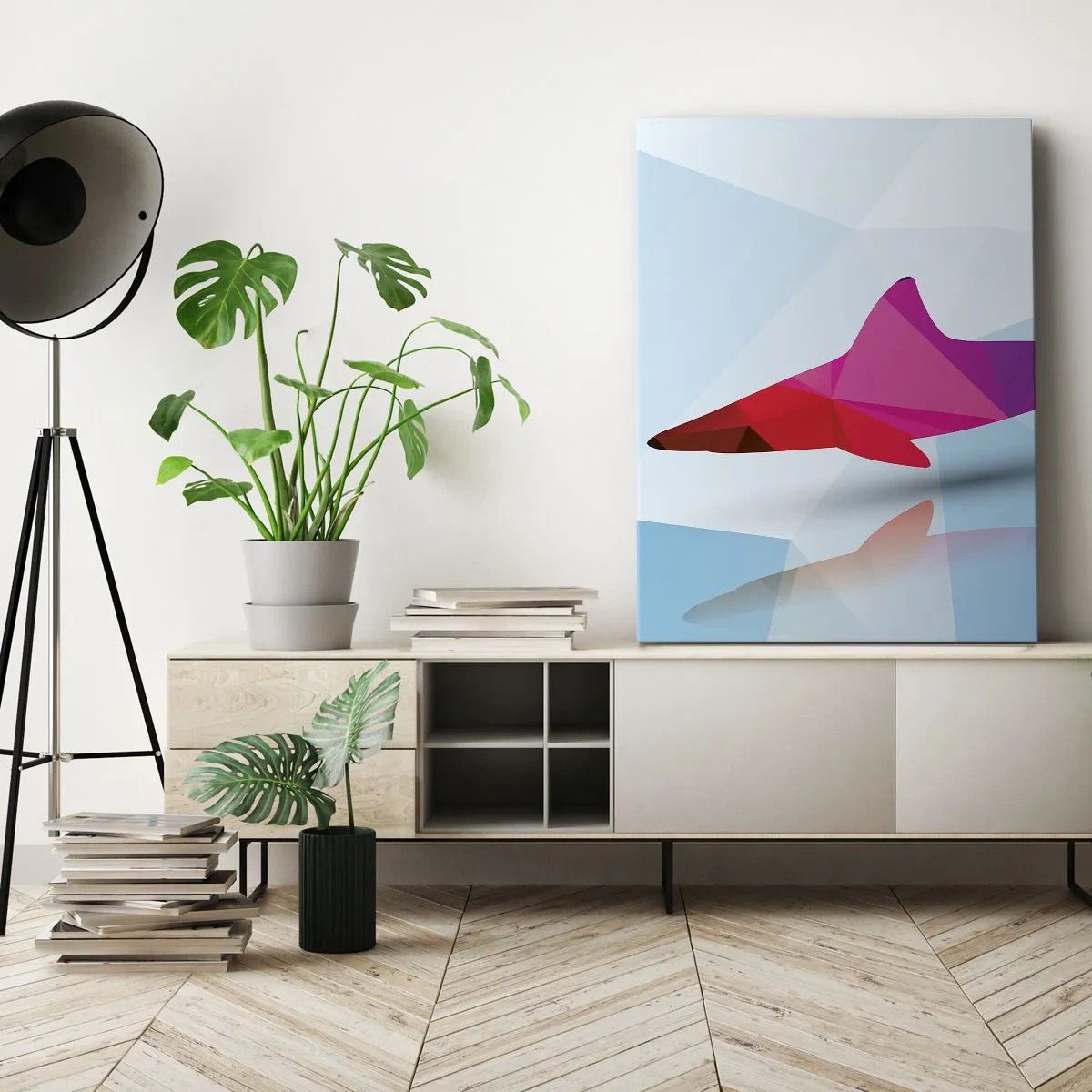 Obraz na płótnie - Geometryczny delfin w abstrakcyjnej kolorystyce - 50x70cm - Rekin w krystalicznej przestrzeni - Nowoczesna dekoracja ścienna do salonu, kuchni i sypialni ARTTOR