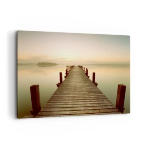 Obraz na płótnie - Drewniany pomost na spokojnym jeziorze o poranku - 100x70cm - Przedświt, świtanie, światło - Nowoczesna dekoracja ścienna do salonu, kuchni i sypialni ARTTOR