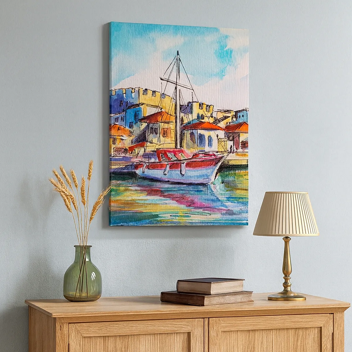 Obraz na płótnie - Kolorowy obraz przedstawiający łódź w porcie na tle nadmorskich domów - 50x70cm - Tęczowe popołudnie - Nowoczesna dekoracja ścienna do salonu, kuchni i sypialni ARTTOR