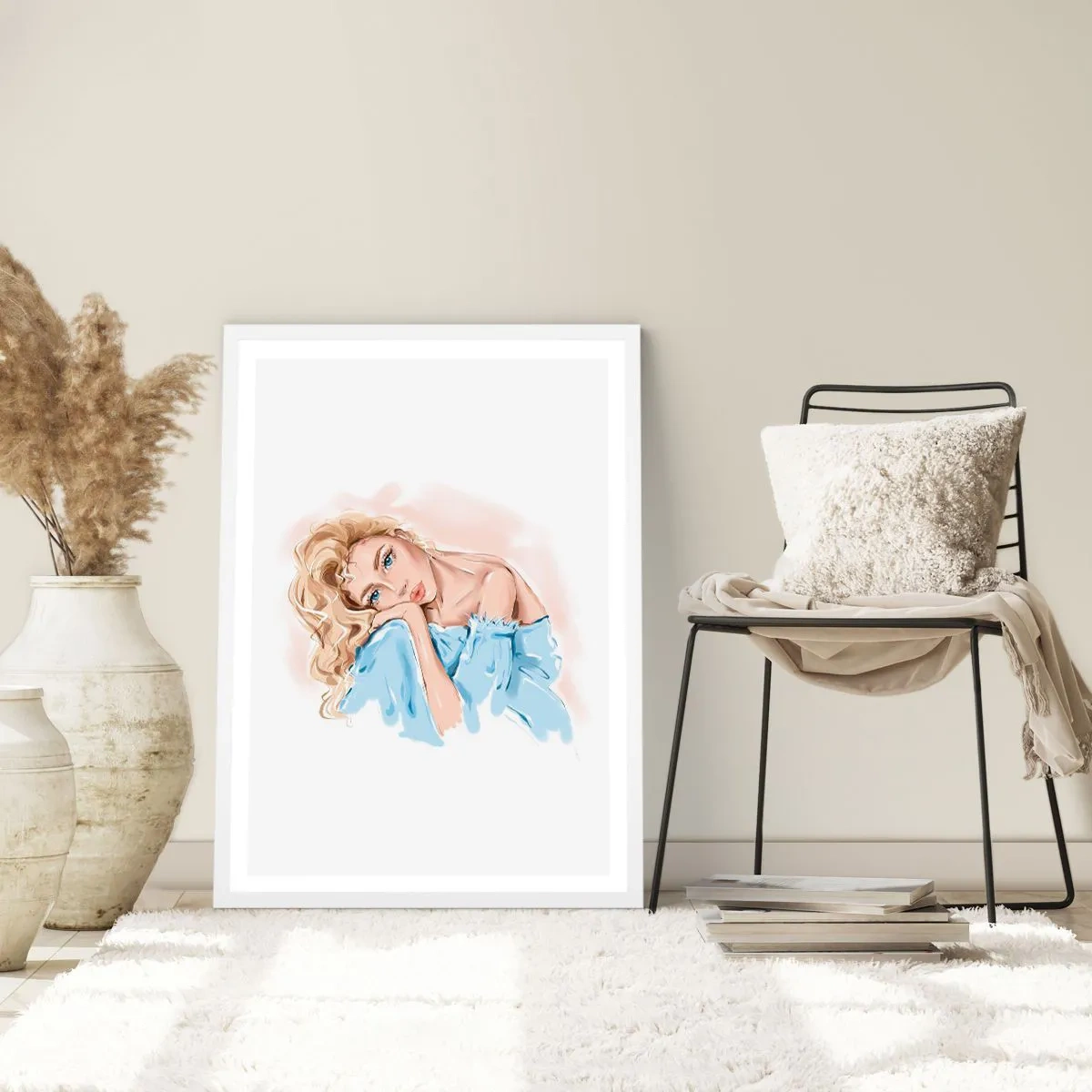 Plakat w białej ramie - Rozmarzona w błękicie - 30x40 cm