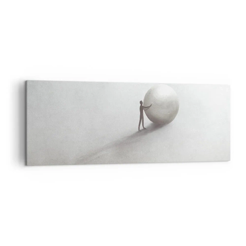 Obraz na płótnie - Minimalistyczna postać z kulą na jasnym, monochromatycznym tle - 140x50cm - Gra życia - Nowoczesna dekoracja ścienna do salonu i sypialni ARTTOR