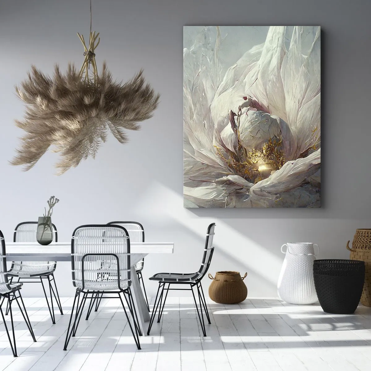 Obraz na płótnie - Delikatny biały kwiat z subtelnymi złotymi akcentami w środku - 50x70cm - Rozkwita raz na sto lat - Nowoczesna dekoracja ścienna do salonu, kuchni i sypialni ARTTOR