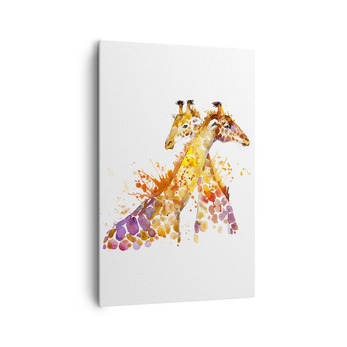 Obraz na płótnie - Akwarelowe żyrafy w kolorowych odcieniach - 80x120cm - Czy to jest przyjaźń czy to jest kochanie? - Nowoczesna dekoracja ścienna do salonu i sypialni ARTTOR
