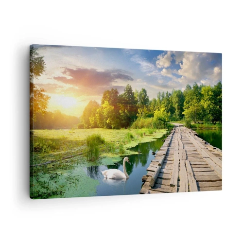 Obraz na płótnie - Malowniczy krajobraz z mostkiem i łabędziem - 70x50cm - Lato, lato wszędzie - Nowoczesna dekoracja ścienna do salonu i sypialni ARTTOR
