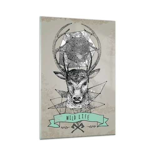 Obraz na szkle - Geometria jelenia z napisem Wild Life w stylu vintage - 80x120cm - Widzenie św. Hubertusa - Nowoczesna dekoracja ścienna do salonu i sypialni ARTTOR