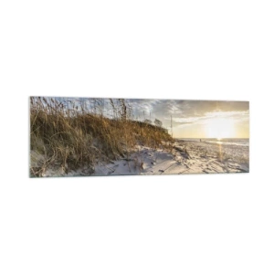 Obraz na szkle - Wydmy z trawą i ślady na piasku przy zachodzie słońca - 160x50cm - Zaproszenie na spacer - Nowoczesna dekoracja ścienna do salonu i sypialni ARTTOR